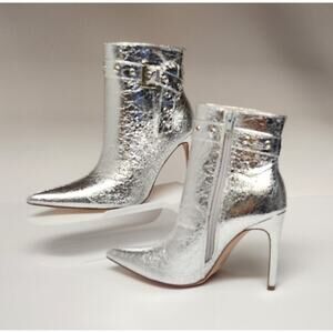 CHASE AND CHLOE Adonis-3 Buckle Pointed Toe Bootie Metallic Silver Size US 6.5